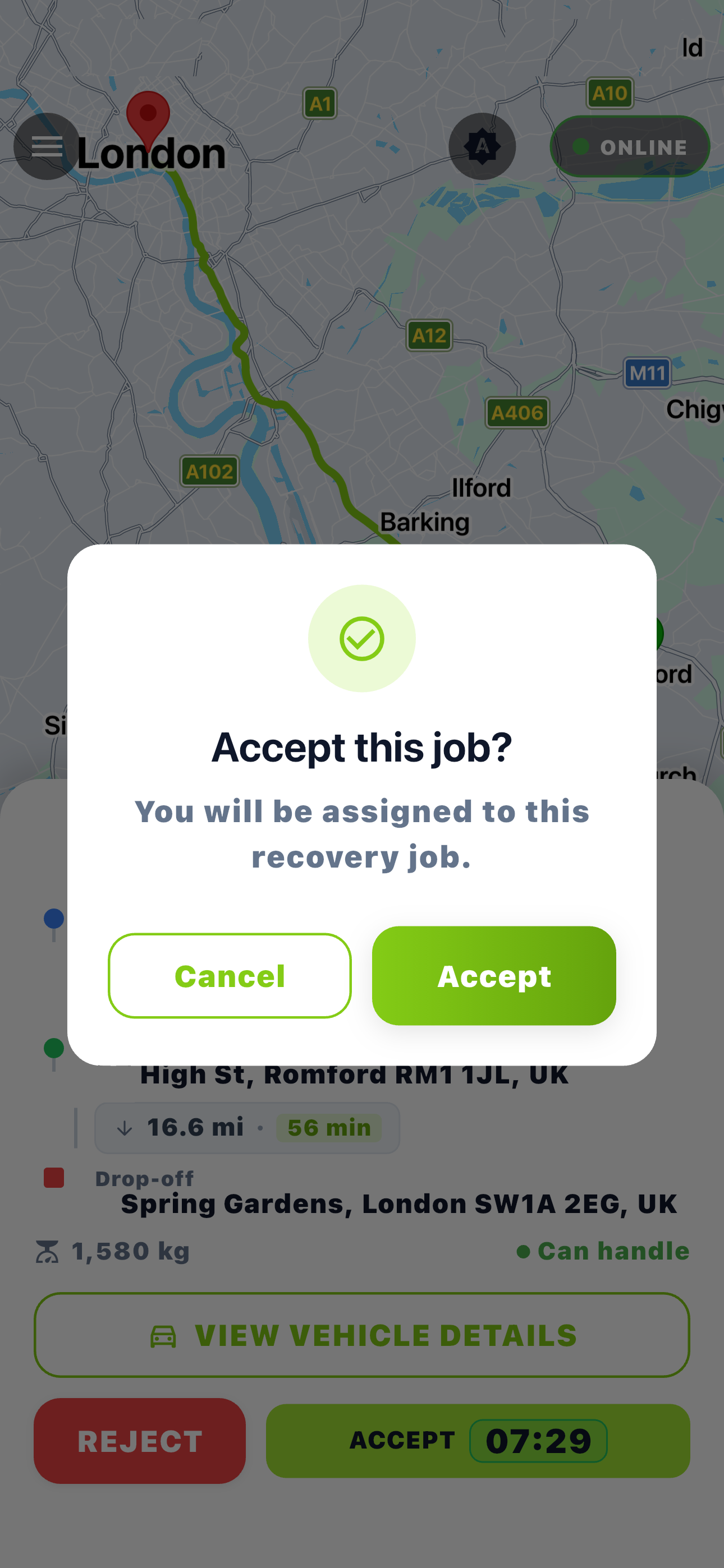 Getcovery driver app job screen